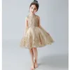 Sparkly Gold Sequined Flower Girls Dresses For Weddings Beaded Short Toddler Pageant Gowns High Neck Knee Length Tulle Kids Prom D2384