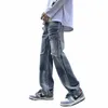Jeans masculino y2k cor sólida borda crua com costura macacão calças de cintura média a147 338s #