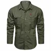 Nuovo Autunno Stile Militare Cott Camicia Tascabile per Gli Uomini di Colore Solido Sottile Casual Marchio di Abbigliamento da Uomo Camicie Manica Lg 5XL a9OW #