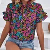 Women's Blouses Women Summer Shirt Stand Collar Tie Ruffle Short Sleeve Pullover Tops Ethnic Style Floral Print Blouse