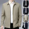 zipper Pockets Men Jacket Elegant Mid-aged Men's Lapel Jacket Stylish Zipper Closure Straight Fit Soft for Formal 55m6#