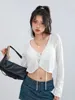 Kimydreama Donna Estate Casual Pizzo Maglia Crop Top Moda Manica lunga Scollo a V Tie-Up Fronte Volant Orlo Cardigan T-shirt 240328