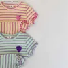 Футболки, новинка 2023 года, летние милые футболки с фруктовым принтом для младенцев + шорты, хлопковый костюм из 2 предметов, комплект одежды в полоску для малышей, одежда с короткими рукавами для малышей24328