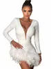 winter Fi Women Sexy V Neck Lg Sleeve Feather Black White Mini Bandage Dr 2023 Elegant Evening Club Party Dr z47t#