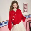 Etnische kleding 2024 Chinese stijl Buckle Red Sweater Gebreide dames feestelijke jaar V Neck veelzijdige lange mouwen Cheongsam top