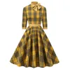 Casual Dresses Women's European och American Retro Big Swing Dress Elegant Plaid High Neck 3/4 Sleeve Bow Tlight Up Hepburn Style Rockabilly