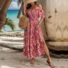 Casual Dresses Women Printed Off-Shoulder Dress Lightweight Colorful Flower Print Off Shoulder Beach med A-Line för sommaren