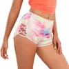 Tie Dye Print Side Criss Cross Yoga Shorts Hohe Taille Aushöhlen Sport Für Frauen C9Cj #