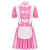 donne impertinente cameriera uniforme Clubwear vernice lucida cameriera Cosplay Dr Ruffles Trim Bow Apr manica a sbuffo A-Line Dr q68K #