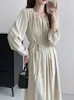 Casual Dresses 2024 French Minority Advanced Temperature-Sensitive Soft Wind Pleated Women's Lace-up Waist-Slimming Dress