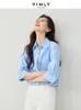 Bluzki damskie Vimly bawełniane niebieskie koszule w paski kobiety 2024 Wiosna lato eleganckie pół rękawie luźne guziki dół zwykłej koszuli M5619