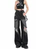 Damen Schwarze Jeans Y2k Vintage Baggy Cowboy Hose Harajuku High Waist Denim Hose 90er Jahre Try Emo 2000er Trendige Gothic Kleidung 26rU #