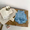 Kleidung Sets Sommer 2024 Ins Infant Mädchen 2PCS Kleidung Set Denim Ärmellose Rüschen Saum Baby Tops Weiche Shorts Anzug kleinkind Mädchen Outfit