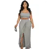 Vestidos de trabalho Kricesseen Mulheres Franjas Combinando Conjunto de Duas Peças Casual Straps Crop Top e Tassel Maxi Saia Beach Outfits Sexy Clubwear