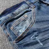 Jeans da uomo High Street Fi Jeans retrò blu elasticizzati skinny fit Jeans strappati da uomo in pelle nera con patch di marca Hip Hop