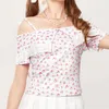 Women's T Shirts Sweet Lace Trim Off Shoulder Tops Cute Short Sleeve Floral Print Slim Fit T-Shirts