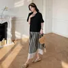 Casual Dresses 2024 Summer Loose Large Size Women's Dress Slimming And Covering Belly Stripe Color Block Pleated Skirt Short Sleeved