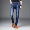 classical Men Jeans Spring Autumn Blue Mens Straight Pants Quality Casual Slim Fit Stretchy Wed Scratched Denim Trousers Male 28Z6#
