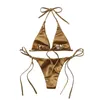 Sexy Womens Metallic Halter Top Two Piece Swimsuit Tie Side Triangle Bikini Summer Solid Bathing Suit Beachwear Set 240322