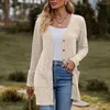 Cardigan en tricot gaufré pour femme Manteau d'hiver tricoté élégant avec poches souples Technologie anti-boulochage Élégant mi-long pour l'automne