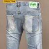 Street Fi Men Jeans Retro jasnoniebieski Slim Fit Stretch Ripped Dżinsy Mężczyzny Patches Designer Hip Hop Denim Pencil Pants Hombre U1YB#