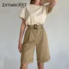 Zhymihret Blauw Elegante Hoge Taille Pak Shorts Vrouwen 2023 Zomer Casual Solid Wijde Pijpen Bermuda Met Zakken Y01s #