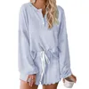 Vêtements de nuit pour femmes Femmes 2 pièces Pyjamas Set manches longues demi-boutonné sweat-shirt et short à cordon de serrage confortable survêtement décontracté mignon