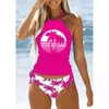 Roupa de banho feminina coco cordão lado halter pescoço tankini conjunto verão praia wear bonito maiô feminino sexy biquíni