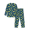 Accueil Vêtements Tranches de Citron Pyjama Ensembles Automne Rayures Bleues Imprimer Confortable Chambre Vêtements De Nuit Unisexe 2 Pièces Décontracté Lâche Oversize