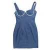 Casual Dresses Sexig rem Strapless Rhinestone Blue Denim Mini Dress 2024 Summer Fashion Elegant Club Party for Women Outwear