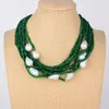 Kedjor 18 "10 strängar fasetterade Green Stone White Keshi Pearl Necklace