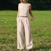 Women's Two Piece Pants 1 Set Top Simple Pure Color Wide Leg Outfit Temperament T-shirt Vintage Streetwear