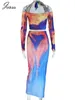 Work Dresses Joskaa Colorful Print 2 Piece Set Women Sexy Off Shoulder Long Sleeve Tops And Maxi Skirt Matched 2024 Spring Party Club