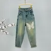 Kvinnors jeans europeiska varor Tunga borrning Sequined Daddy Women 2024 Spring High midja Slim Streetwear Loose Radish Baggy Pants