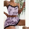 Vêtements de nuit pour femmes Femmes Deux pièces Ensemble Pyjama Shorts Costume Sous-vêtements imprimés Pijama Y Lingerie Camisoles Réservoirs Nighty Ladies Drop Deliv Dhdbx