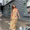 Robes décontractées de base Tierred Ruffles Flower Print Sling Robe Maxi Robe Fashion Bohe sans manches Versidos Femme Femme Holiday Lo Dh4kr