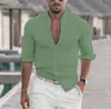 2023 Men's Casual Cott Linen Shirt Mock Neck Solid LG Sleeve Loose Top Spring and Autumn stilig fi -skjorta O0KL#