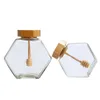Garrafas de armazenamento garrafa de mel de vidro hexagonal com pote de madeira agitando haste vedação clara jam jar cozinha casa 220ml/380ml