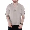 fi Medieval Pirate Linen Top Shirt Men Nordic T-shirt Cosplay Lace-Up Tee Embroidered Standing Collar Lg Sleeved Shirts E16w#