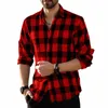 Red Plaid Shirt Męska koszula LG Sleeve Fi Nowa 2023 Butt Lapel Shirt Street Lose zwykły oddychanie 9 kolorów S-6xl D3EC#