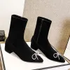 Boots Crystal Bowtie Flock Ankle Boots Femmes Femme Zip Open Shot Sock Boties Femme Pointé Pointé Botas Hiver Botas Mujer Automne Botines