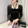 #9022 Black Red Short T Shirt Women Square Collar Tight Tshirt Female Split Joint Mesh Long Sleeve Sexy 240328