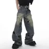 NOYMEI Male Y2k Jeans High Street Patchwork Loose Men Hollow Out Trendy Vintage Metal Button Straight Denim Pant Wide Leg WA1321 240326