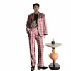 Hommes 2PCS Costumes Ensembles Veste + Pantalon Mâle Vintage Streetwear Hip Hop Lâche Casual Plaid Costume Manteau Blazer Veste Pantalon Stage Vêtements B2mG #