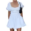 Party Dresses 2024 Women Kawaii White Princess Dress Cute Square Neck Pleated High Waist Ruffled Bust Puff Sleeve Fairy Mini