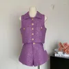 Costumes de femmes de haute qualité paillettes d'or tweed femmes costume revers gilet sans manches shorts décontracté chic violet petit parfum deux pièces