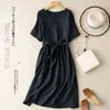 Party Dresses Pure Cotton V-Neck kortärmad klänning Kvinnor 2024 Summer Artistic Retro Lace-Up Loose Stripe Stitching Elegant Casual Long