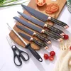 Marble Handle 7, 8, 9 Piece Set Western Style Non Stick Chef Cooking Knife Rose Gold Rotary Seat Kitchen Knife Set