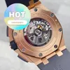 AP Orologio da polso Cronografo Royal Oak Offshore Serie Meccanico automatico Orologio da uomo in oro con datario Funzione di temporizzazione Disco nero Movimento trasparente sul retro