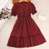 Kid Casual Dress for Girls Summer 2023 Children Short Sleeve Vneck Dot Print Red Princess Fashion Clothing 714Y 240325